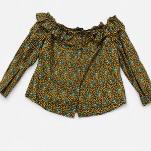 J. Crew Women’s Off-Shoulder Elephant Blouse Green Yellow 100% Cotton Size 6